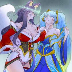  ahri_(league_of_legends) alternate_hair_color animal_ears black_hair blue_eyes blue_hair blush breasts cheek_squish chin_hold cleavage corruption crown dress evil_smile female_only femsub fox_girl glowing glowing_eyes green_background green_eyes hand_on_hip happy_trance huge_breasts jewelry kitsune_girl large_breasts league_of_legends lolboja long_hair magic maledom multicolored_hair open_mouth possession ruination smile sona_(league_of_legends) tail tears twintails watermark white_hair 