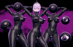 3d animated animated_gif arms_above_head ball_gag bangs bodysuit bouncing_breasts breasts collar dancer dancing drone empty_eyes eye_roll female_only femsub gag koikatsu! kuromaru large_breasts latex living_costume m.u.g.e.n. mask melty_blood multiple_girls multiple_subs pasties pepper_box ponytail purple_background purple_hair riesbyfe_stridberg rubber sex simple_background thick_thighs tight_clothing vaginal