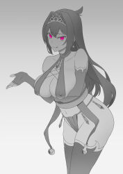 ass breasts corruption crown earrings erect_nipples female_only femsub fingerless_gloves gloves greyscale harem_outfit jewelry large_breasts long_hair looking_at_viewer maken-ki! mamiya_0524 monochrome nijou_aki opera_gloves pink_eyes solo thighhighs tongue tongue_out