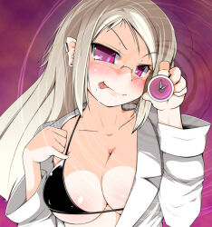 blush breasts drool femdom glasses large_breasts long_hair looking_at_viewer open_clothes pov pov_sub spiral tongue tongue_out undressing white_hair