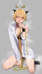  bare_shoulders blonde_hair blush cleavage female_only femsub juri_saijo kneeling large_breasts navel open_mouth out pendulum pink_eyes pussy_juice short_hair solo the_idolm@ster the_idolm@ster:_shiny_colors 