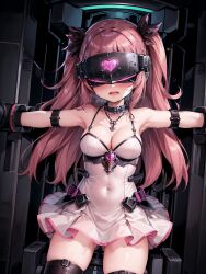  ai_art armpits bare_shoulders blush choker cleavage collar corruption dress female_only femsub heart high_heels jewelry koimin4_(generator) long_hair navel open_mouth pink_hair restrained solo stable_diffusion_(ai) sweat tech_control thighhighs twintails visor 