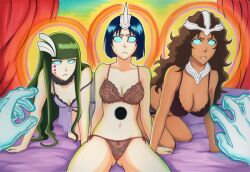 ai_art all_fours armor aura bare_shoulders bed bleach breasts cleavage cyan_sung-sun dark_skin emilou_apacci empty_eyes expressionless facial_markings female_only femsub glowing_eyes hellsing002_(generator) hollow_(species) horns kneeling large_breasts large_hips light_skin lingerie long_hair looking_at_viewer maledom mila_rose multiple_girls navel pov_dom short_hair small_breasts spread_legs
