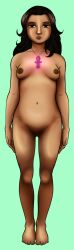 absurdres barefoot bottomless breasts brown_hair dark_skin empty_eyes expressionless feet female_only femsub hypnogoat666 hypnotic_accessory long_hair magic necklace nude original solo standing standing_at_attention topless