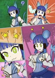 blue_eyes blue_hair breast_expansion breast_fondling comic female_only femsub mouse_girl mythkaz ni-ni_the_mirror_mikanko tagme tail