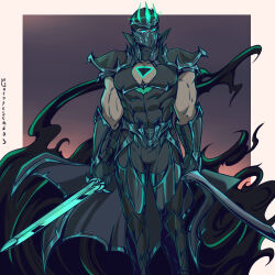  abs alternate_costume aura body_markings clothed control_indicator crown eye_color_change gatopescado3 glowing_eyes league_of_legends male_only maledom malesub possession ruination shen_(league_of_legends) standing sword tight_clothing viego_(league_of_legends) weapon 