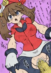  banshou blue_eyes breasts brown_hair bzurrrf_(colorist) clothed_sex coin cum cum_in_pussy drool empty_eyes erection expressionless female_only femsub gloves hat hypno japanese_text large_breasts may nintendo open_mouth pendulum penis pokemon pokemon_ruby_sapphire_and_emerald sex short_hair text torn_clothes translation_request vaginal 