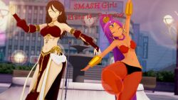  black_hair closed_eyes clothed cover crossover cyanstargazer dark_skin english_text female_only genie multiple_girls nintendo octopath_traveler ponytail primrose_azelhart purple_hair shantae shantae_(series) square_enix super_smash_bros. text wayforward 