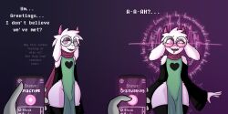  absurdres alternate_costume bare_shoulders before_and_after blush bulge cell_phone clothed crossed_eyes deltarune dialogue drool femboy freemindstuff furry glasses goat_boy grey_skin happy_trance heart heart_eyes horns hypnotic_app large_hips malesub mantra open_mouth phone pink_eyes pov pov_dom purple_background ralsei robe simple_background smile standing surprised symbol_in_eyes tech_control text thighhighs trembling white_hair white_skin 