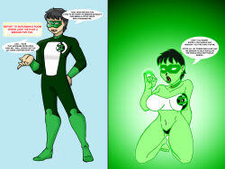  aura barefoot before_and_after bimbofication black_hair bodysuit breasts collar collarbone color crazycowproductions dc_comics dialogue earrings femdom femsub glowing green_lantern_(series) green_lipstick kneeling kyle_rayner large_breasts lipstick makeup maledom mask navel open_mouth pasties ring simple_background speech_bubble standing text transformation transgender trigger tube_top 