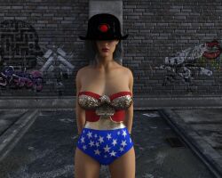 3d arms_behind_back bare_shoulders black_hair bracers cleavage collarbone dc_comics disney exposed_chest expressionless female_only femsub hat hypnovideotoo leotard lipstick meet_the_robinsons red_lipstick short_hair solo standing standing_at_attention super_hero tech_control wide_hips wonder_woman