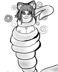  animal_ears blush breasts cleavage coils female_only femsub greyscale large_breasts long_hair monochrome nipple_piercing nipples original piercing restrained ring_eyes simple_background sketch smile snake solo soooaudrey spiral tagme topless white_background 
