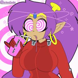  animated animated_gif bodysuit breasts cartoonzombie clothed clover cosplay dark_skin drinking earrings elf_ears female_only femsub genie hypnotic_drink large_breasts open_mouth ponytail purple_hair shantae shantae_(series) solo spiral spiral_background symbol tight_clothing totally_spies 