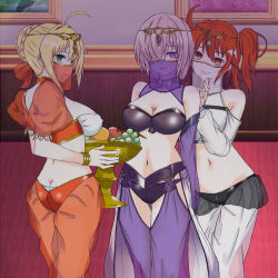 alternate_costume blonde_hair breasts cleavage collar empty_eyes fate/grand_order fate_(series) female_only femsub green_eyes happy_trance harem harem_outfit inikanata large_breasts lipstick mashu_kyrielight midriff multiple_girls orange_eyes orange_hair purple_eyes purple_hair ritsuka_fujimaru_(female) saber_extra see-through smile veil