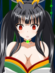 black_hair breasts choker empty_eyes expressionless female_only femsub huge_breasts hypnotic_accessory kaguya_(queens_blade) open_mouth queens_blade red_eyes twintails very_long_hair