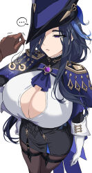  aether_(genshin_impact) ascot black_hair blue_hair bow breasts button_gap cape clorinde_(genshin_impact) coin corset drogod empty_eyes expressionless femsub genshin_impact gloves hair_covering_one_eye hand_on_hip hat hellap huge_breasts long_hair maledom multicolored_hair opera_gloves pantyhose pendulum ponytail purple_eyes simple_background skirt very_long_hair white_background 