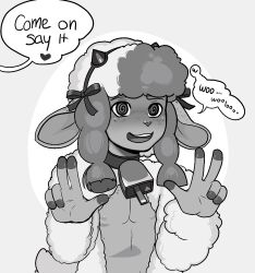 arh bottomless cowbell furry headband horns male_only malesub nintendo nude open_mouth pokemon sheep_boy smile spiral_eyes symbol_in_eyes text topless wooloo