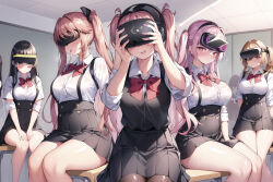 ai_art black_hair blonde_hair blush bow_tie corruption drool female_only femsub hair_ornament happy_trance headphones large_breasts leggings long_hair marao_(generator) multiple_girls multiple_subs novelai_(ai) open_mouth pink_eyes pink_hair red_eyes school_uniform skirt tech_control tongue tongue_out twintails visor 