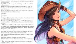  brown_hair caption caption_only cowboy_hat cowgirl female_only femsub final_fantasy final_fantasy_vii gloves hair_ornament hand_on_head hat monsieurchuchote_(writer) pov_dom red_eyes signature smile solo tank_top text tifa_lockhart unaware wholesome xriviia 