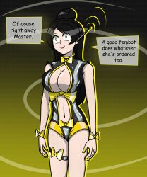 antenna black_hair bow bracelet clothed desk_(hy2300) earpiece english_text eyeshadow femsub garter_belt happy_trance hy2300 lipstick long_hair navel robotization shrunken_irises sideboob single_hair_bun smile speech_bubble tech_control text yellow_eyes
