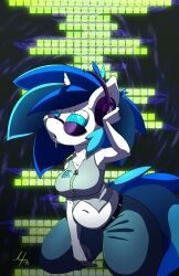 breasts chubby drool female_only femsub furry headphones horse_girl hypnofur kneeling large_breasts midriff my_little_pony navel open_mouth ring_eyes solo sunglasses tech_control vinyl_scratch