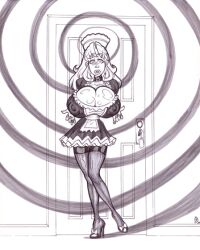 breasts collar empty_eyes expressionless feather_duster femsub greyscale huge_breasts long_hair maid monochrome spiral thighhighs traditional