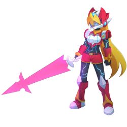 alternate_costume blonde_hair breasts capcom ciel_(megaman_zero) corruption femsub fusion glowing glowing_eyes helmet long_hair maledom megaman_zero megaman_zx model_o omega_(megaman) ponytail possession rytopen standing sword weapon