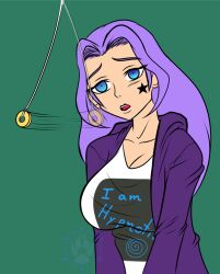 absurdres blue_eyes breasts coin empty_eyes female_only femsub huge_breasts katsiika large_breasts long_hair open_mouth original pendulum purple_hair text
