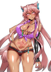 absurdres bimbofication blush breasts condom condom_accessories dark_skin earrings exposed_chest female_only femsub gggg glowing glowing_eyes huge_breasts hypnotic_tattoo jewelry large_hips long_hair looking_at_viewer manip maria_cadenzavna_eve misterman4_(manipper) necklace panties pink_hair senki_zesshou_symphogear short_shorts smile spiral_eyes symbol_in_eyes tagme tattoo thong tongue tongue_out underwear