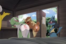  bent_over blush breasts dagasi femsub furry gardevoir hypno japanese_text looking_back lopunny lucario nintendo pokemon pokemon_(creature) pussy sign tagme translation_request 