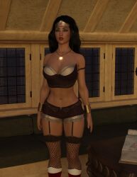  3d abs bare_shoulders black_hair breasts cleavage collarbone dc_comics expressionless female_only femsub fishnets huge_breasts long_hair member9 mole navel necklace red_lipstick shorts solo standing standing_at_attention thighhighs wonder_woman 