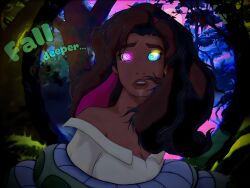  black_hair cleavage clothed coils dark_skin disney drool esmeralda femsub jarviswrath jungle kaa kaa_eyes long_hair open_mouth restrained snake text the_hunchback_of_notre_dame the_jungle_book 