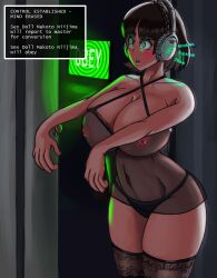  absurdres bottomless breasts brown_hair drone female_only femsub foolycooly headphones huge_breasts hypnotic_accessory hypnotic_audio large_breasts lingerie makoto_niijima open_mouth persona_(series) persona_5 short_hair spiral_eyes symbol_in_eyes tech_control text topless underwear zombie_walk 