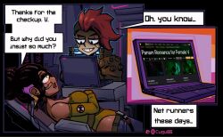 cugu00 cyberpunk_(series) cyberpunk_2077 femdom femsub meta panam_palmer red_hair sexuality_change straight_to_gay tech_control text v_(cyberpunk_2077)