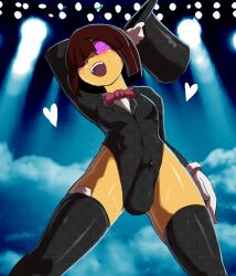  blush bow_tie brown_hair bulge condom erection erection_under_clothes frisk_(undertale) gloves glowing_eyes happy_trance hat legs male_only malesub open_mouth penis precum pstash purple_eyes smile stage sweat thighhighs undertale 