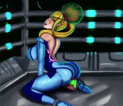  absurdres alien androgynous androgynous_dom anklet ass bangs bare_shoulders blonde_hair blue_eyes blush bodysuit brain_drain brain_injection breasts eye_roll female_only femsub foolycooly happy_trance helmet kneeling large_ass large_breasts long_hair metroid metroid_(series) nintendo open_clothes open_mouth parasite ponytail samus_aran smile undressing zero_suit 