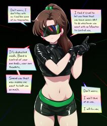 brown_hair crop_top cx9000_(generator) dialogue femdom hypnotized_dom latex navel sailor_jupiter sailor_moon_(series) shorts speech_bubble splatoon sunglasses tech_control visor