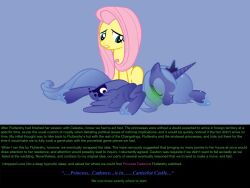 animals_only caption expressionless femsub fluttershy glowing glowing_eyes long_hair manip my_little_pony princess_luna simple_background sleeping text thespoon_(manipper) wraithx79