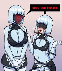  assimilation bangs blue_hair blush bodysuit breasts breath bulge cleavage corruption dialogue drool gradient_background huge_breasts hypnotized_hypnotist malesub midriff open_mouth porniky short_hair simple_background skirt slime speech_bubble spiral straight-cut_bangs text tongue tongue_out 