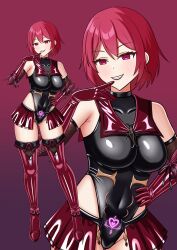  bare_shoulders before_and_after black_lipstick boots breasts character_request crotch_tattoo empty_eyes evil_smile female_only femsub fishnets gloves gradient_background hand_on_hip jewelry leotard lipstick magical_girl opera_gloves red_background red_eyes red_hair short_hair skirt smile solo standing tattoo thigh_boots thigh_gap thighhighs yozora_leon18 