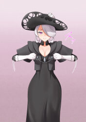  chicken_pose cleavage clothed cogita_(pokemon) dress drool female_only femsub gloves hair_covering_one_eye hat large_breasts large_hips mochi_dance na_shacho nintendo opera_gloves pink_eyes pokemon pokemon_legends_arceus smile solo spiral_eyes tagme text white_hair 