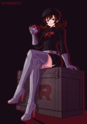 bangs belt boots brown_eyes brown_hair crossed_legs dress empty_eyes enemy_conversion female_only femsub gloves hat high_heels looking_at_viewer lyra_(pokemon) nintendo pokeball pokemon purple_background side_slits simple_background sitting smile solo team_rocket team_rocket_grunt thigh_boots thighhighs twintails victoriamikoto watermark 