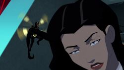 black_hair blue_eyes dc_comics expressionless female_only femsub long_hair magician screenshot standing standing_at_attention super_hero young_justice zatanna_zatara