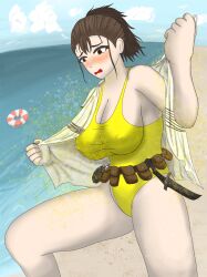 blush breasts chouriki_sentai_ohranger cleavage corruption erect_nipples erect_nipples_under_clothes huge_breasts oh_yellow one-piece_swimsuit outdoors super_sentai swimsuit undressing water