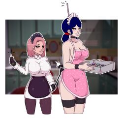  allyssonne_(thf772) antenna apron blue_eyes blue_hair breasts collar cute_emmy femdom femsub gloves green_eyes large_breasts maid marinette_dupain-cheng miraculous_ladybug naked_apron original pantyhose pink_hair remote_control riding_crop shortstack smile tech_control tray twintails 