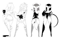 angel angel_girl breasts cleavage corruption db-palette demon_girl evil_smile femsub greyscale happy_trance horns large_breasts leotard long_hair monster_girl original possession sequence sketch smile succubus tail tail_growth thighhighs transformation western