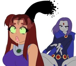  4headboiii alien_girl bare_legs bare_shoulders blue_eyes brain breasts dc_comics drool female_only femdom femsub green_sclera hypnotic_magic long_hair magic open_mouth purple_hair raven red_hair short_hair simple_background sketch smile starfire super_hero teen_titans white_background x-ray 