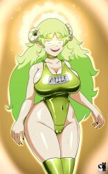  bangs blush breasts cameltoe choker cleavage collarbone eye_roll eyebrows_visible_through_hair female_only femsub glowing glowing_eyes green_hair happy_trance horns huge_breasts huge_hips leotard long_nails mairimashita!_iruma_kun mrs._valac open_mouth rosvo sharp_teeth signature simple_background smile solo standing straight-cut_bangs swimsuit thighhighs very_long_hair 