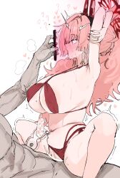  armpits arms_above_head bikini blue_archive blush breasts cell_phone cleavage clothed_sex confused cowgirl_position earrings eye_color_change femsub halo heart horns huge_breasts jewelry maledom mole nail_polish navel nude open_mouth phone pink_eyes pink_hair ring satsuki_(blue_archive) sex sideboob spread_legs swimsuit thighs uun vaginal 