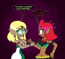 accidental_hypnosis aged_up altered_common_sense aura bare_shoulders belt blonde_hair bracelet choker cleavage confused crop_top dress earrings elf_ears english_text eyebrows_visible_through_hair eyelashes femdom femsub gerudo green_eyes happy_trance hypnoscream large_breasts makeela_riju midriff navel nintendo princess_zelda red_hair shiny_hair shiny_skin short_hair simple_background skirt smile speech_bubble spiralwash_eyes tears_of_the_kingdom the_legend_of_zelda tied_hair wide_hips